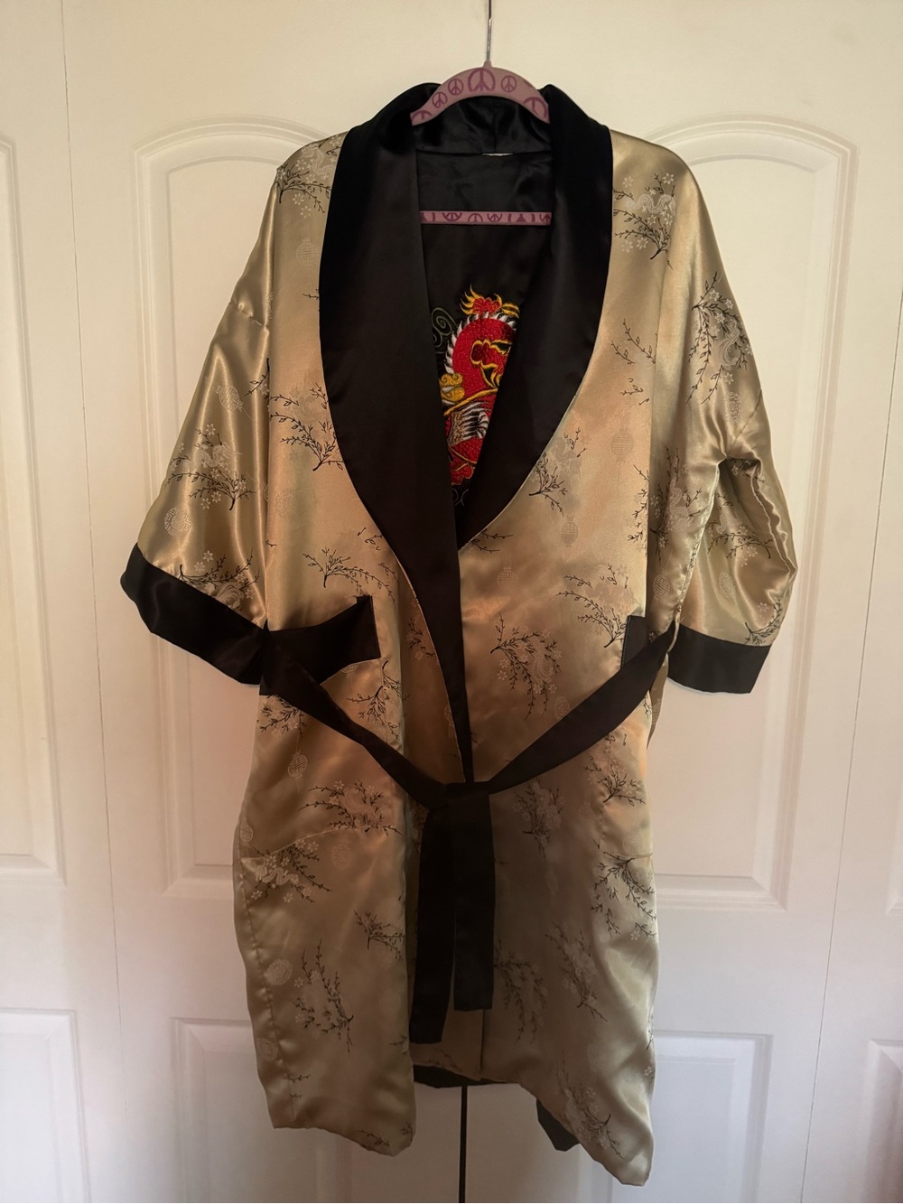 Reversable Satin Kimono Robe with Black Trim and Embroidered Back Detail